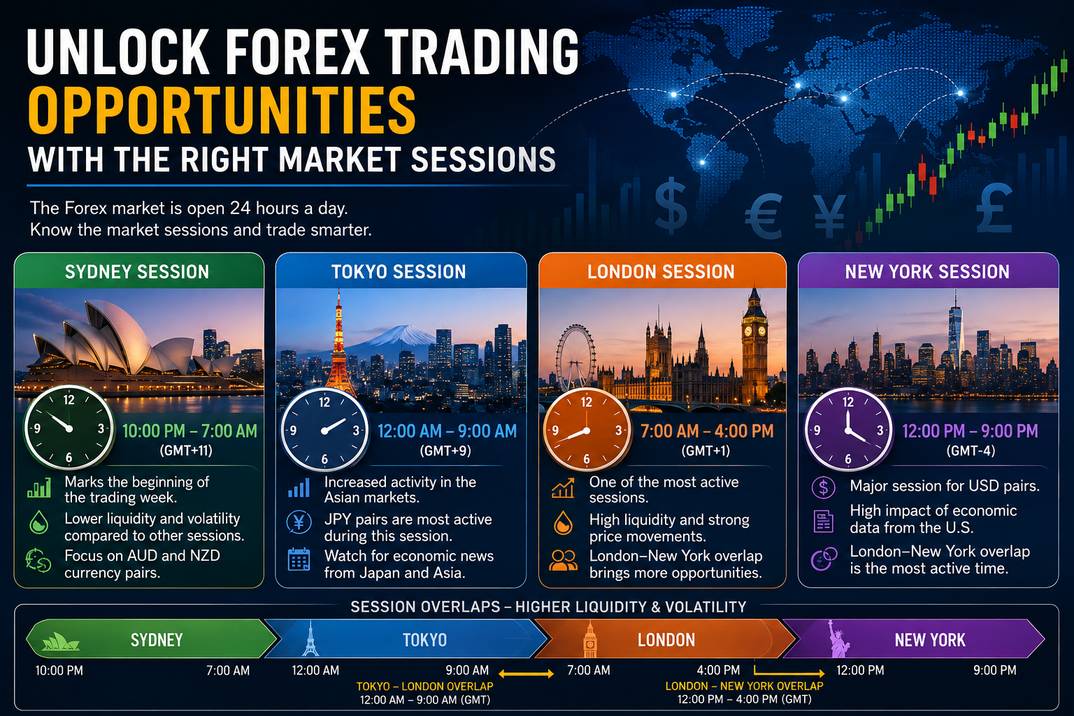 Forex market sessions infographic showing Sydney, Tokyo, London, and New York trading hours and session overlaps.