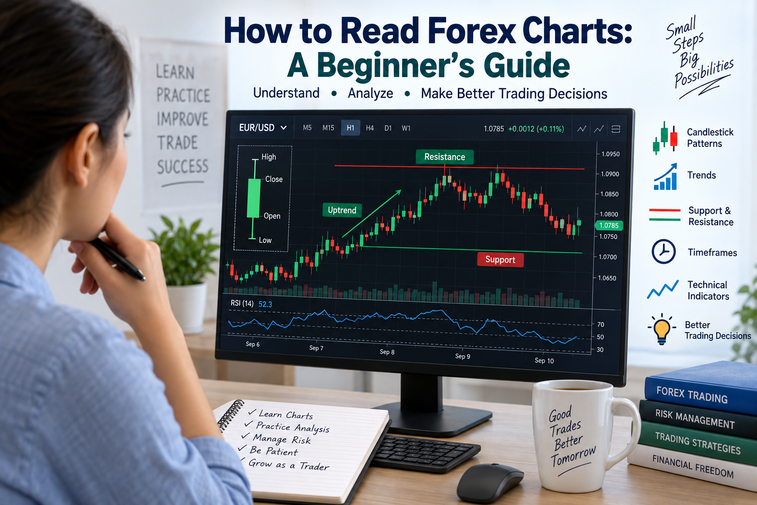 How to read Forex charts showing candlesticks, price trends, support and resistance