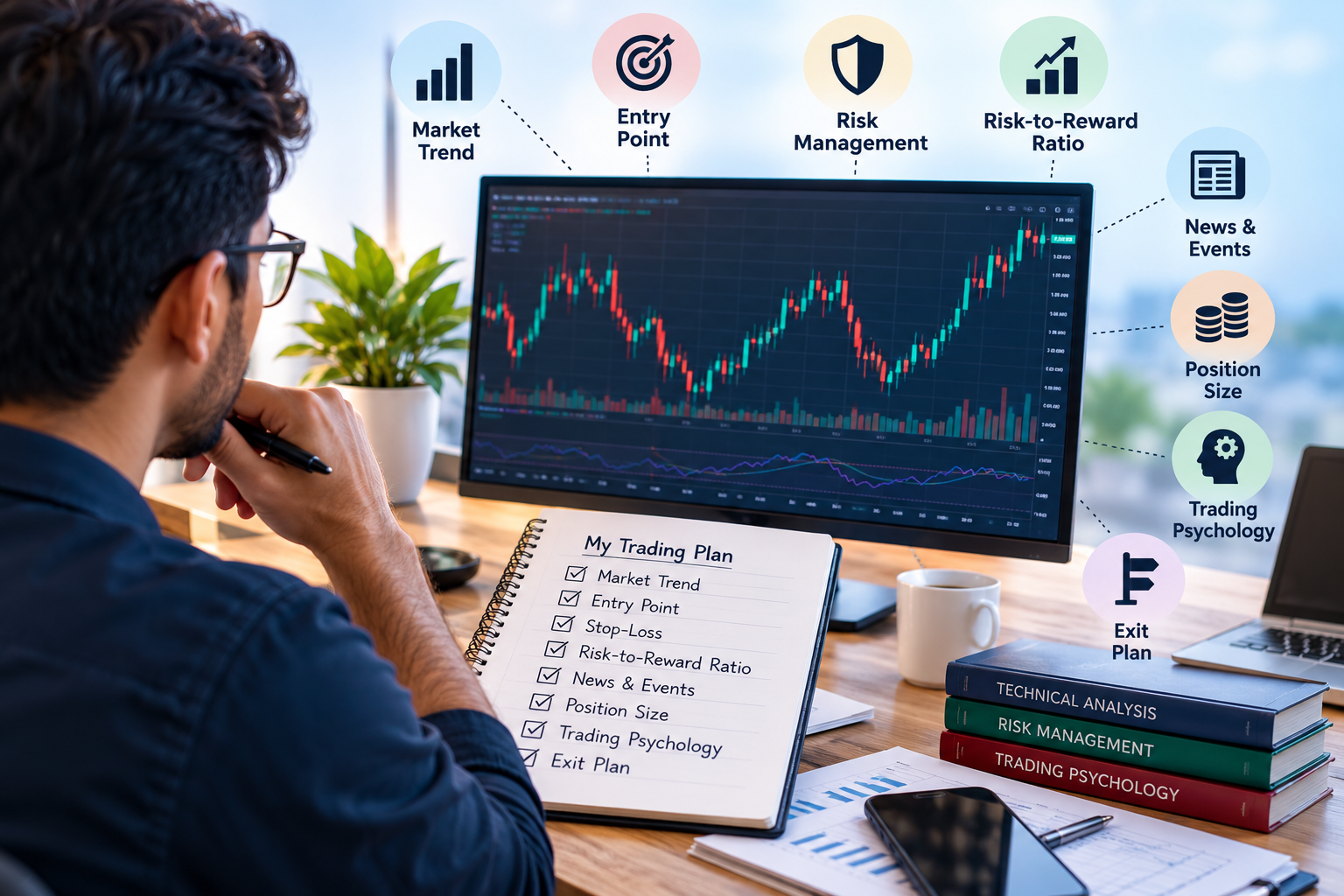 Trader analyzing market trends and risk management factors before taking a trade.